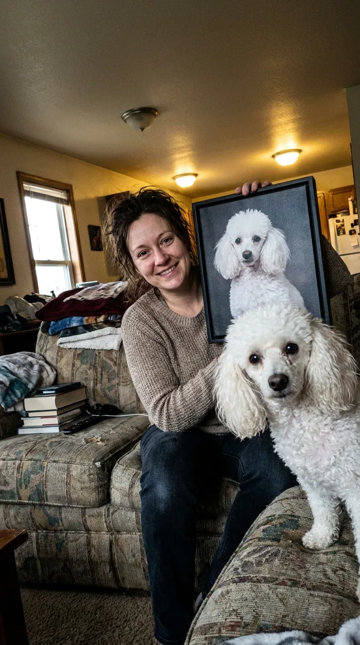 Un portrait de caniche encadré, tenu dans un salon