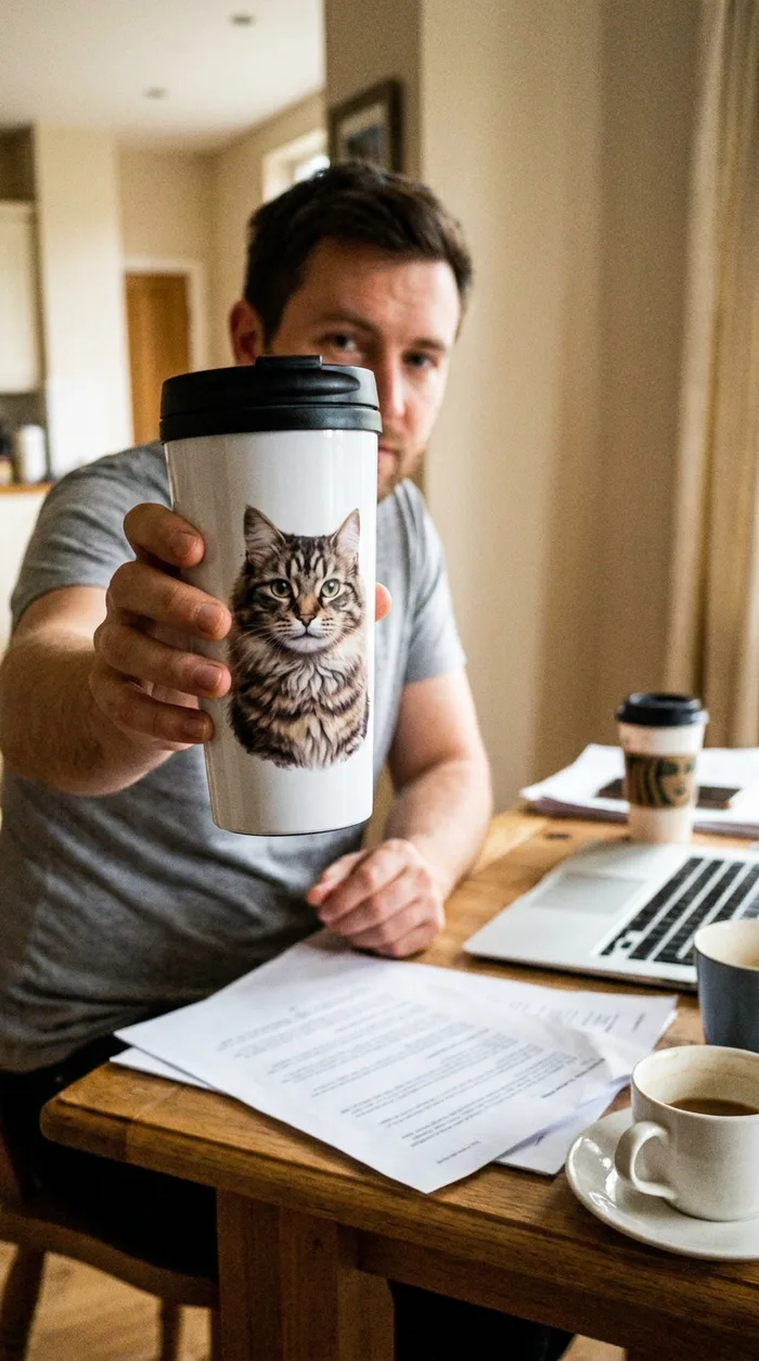Un mug de voyage en inox au portrait d'un chat