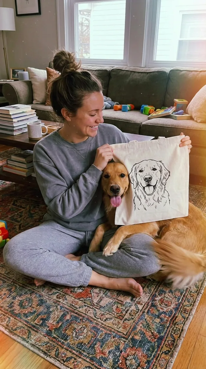 Un tote bag en coton au portrait line art d'un golden retriever