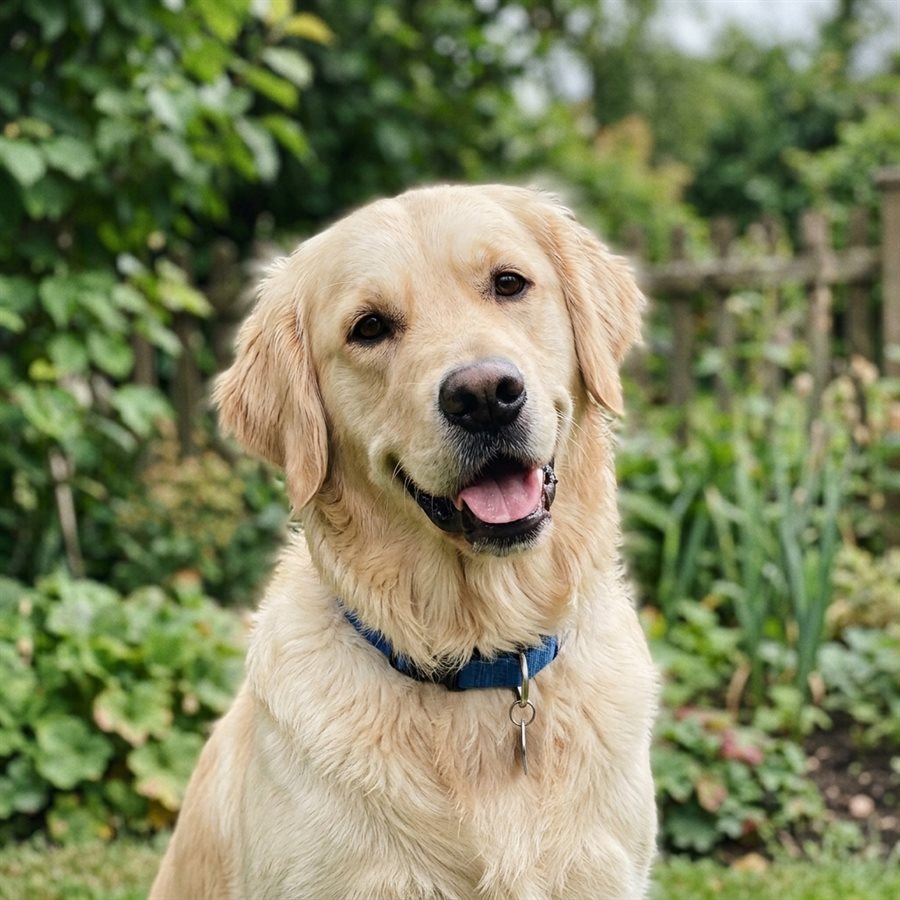 La photo de départ : un golden retriever photographié dans un jardin