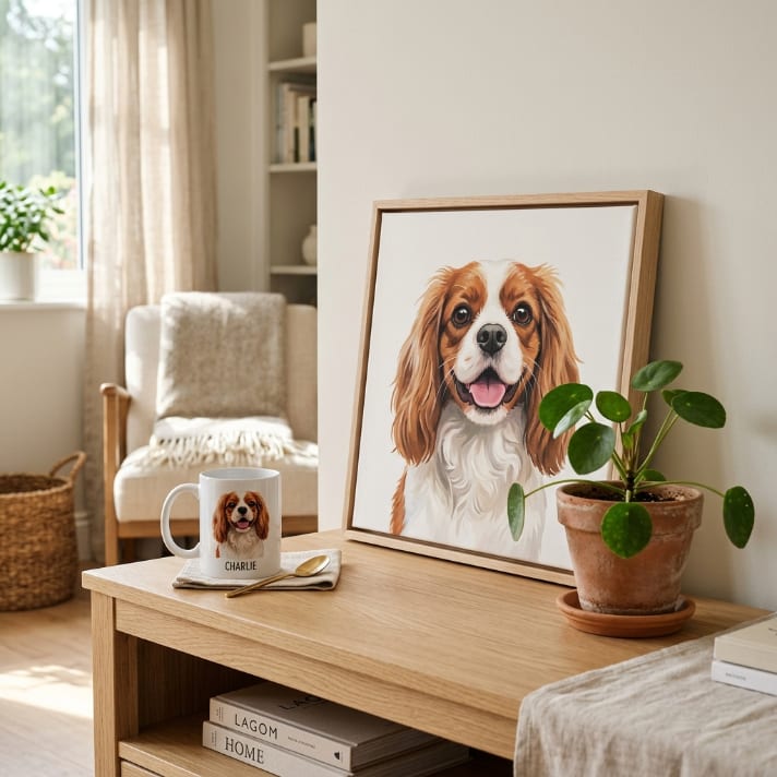 Le pack en situation : le portrait encadré posé sur un meuble, à côté du mug assorti au prénom de l'animal