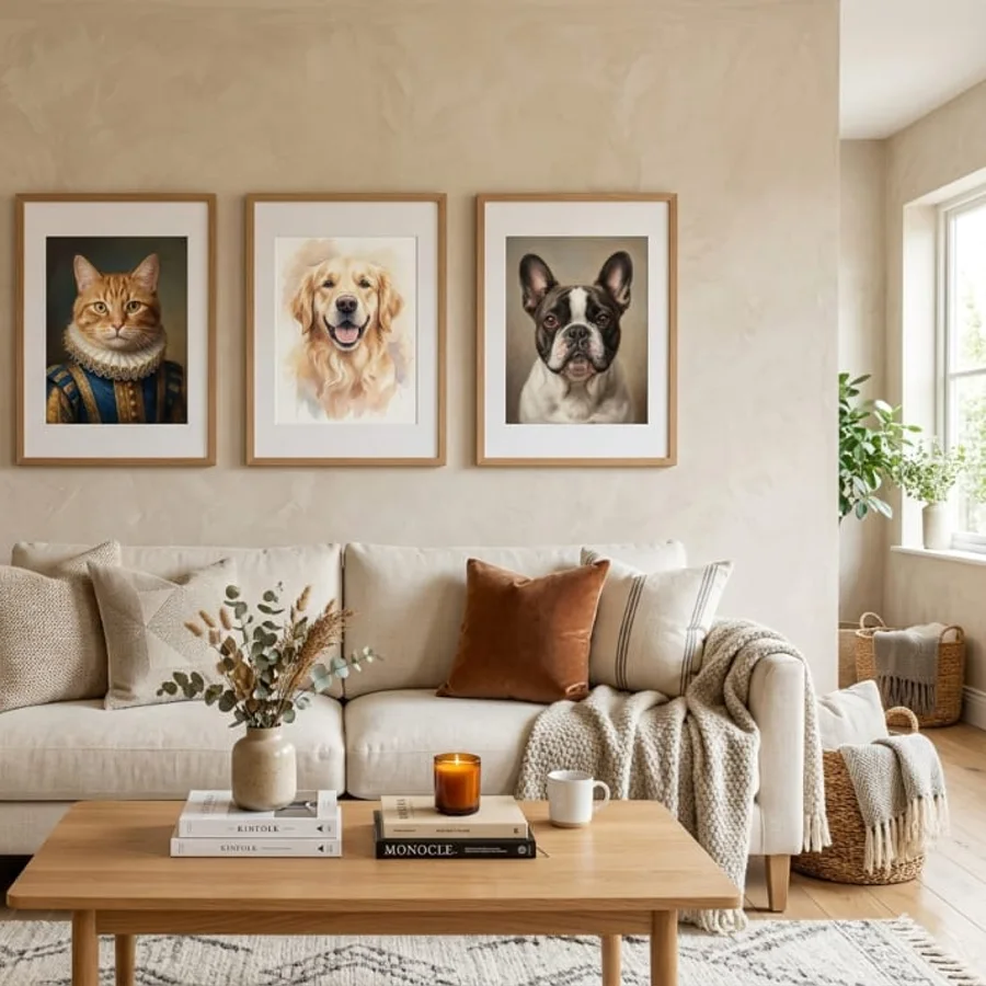 Trois portraits encadrés accrochés au-dessus d'un canapé : un chat en costume royal, un golden retriever à l'aquarelle et un bouledogue français