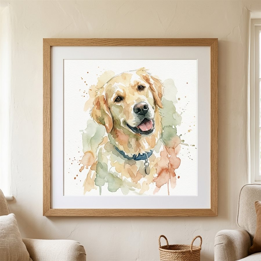 Portrait de chien à l'aquarelle, encadré au mur
