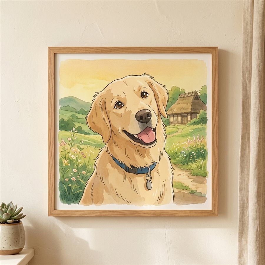 Portrait de chien en style anime japonais aquarellé