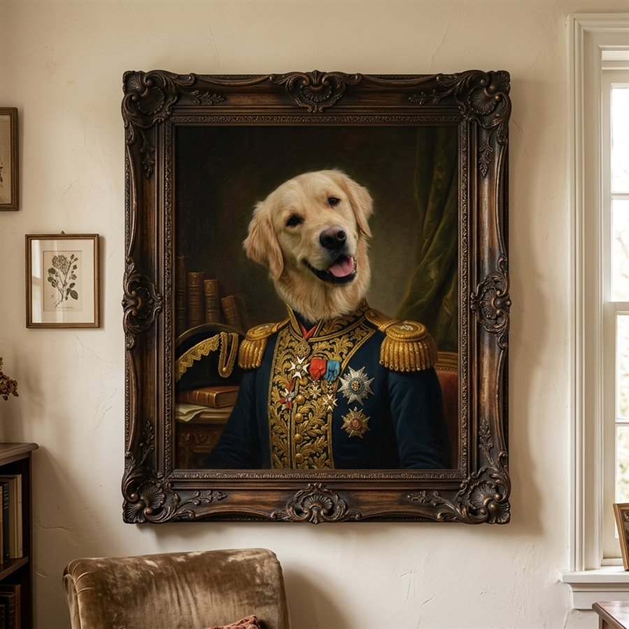 Portrait de chien en costume royal, style peinture de musée